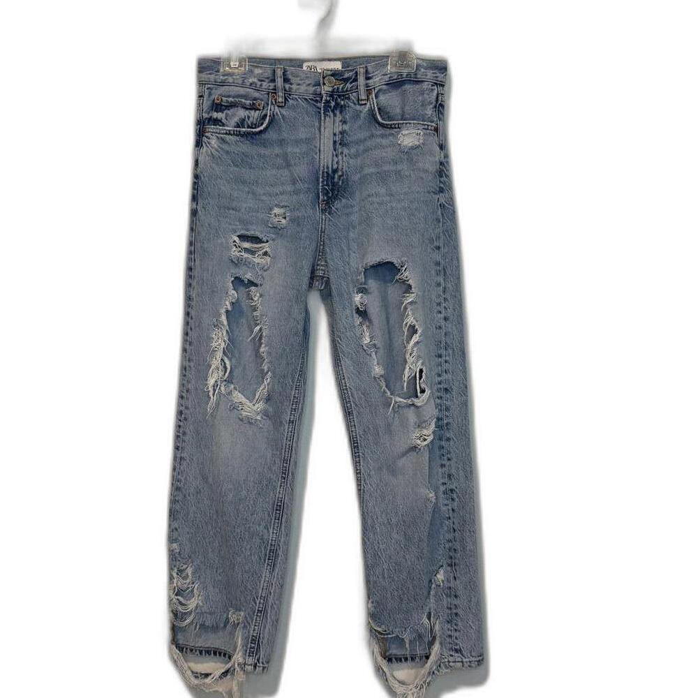 ZARA Distressed High-Waisted Mom Jeans - Light‎ Blue